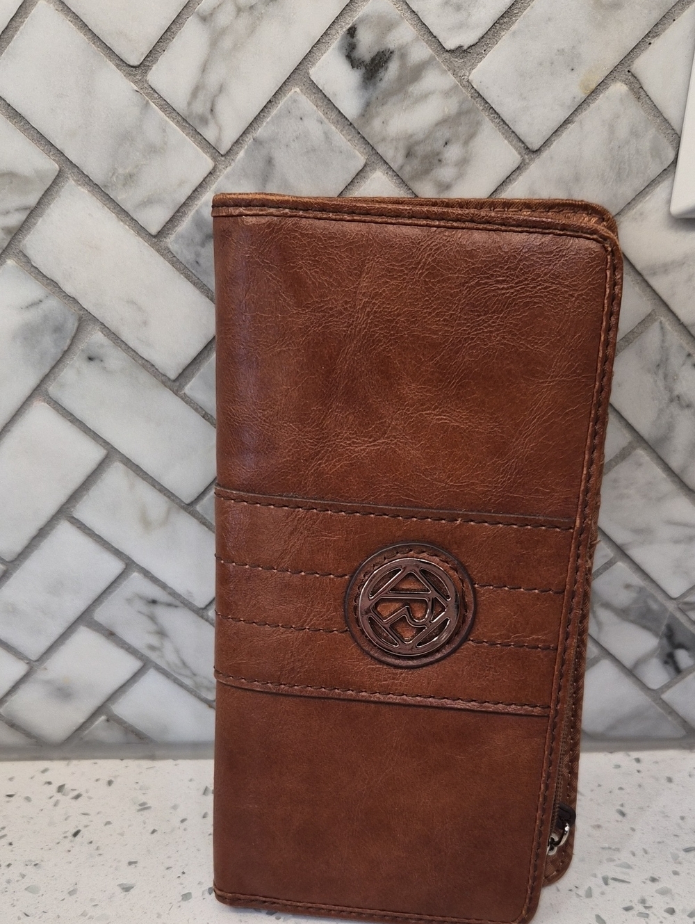 Men's Brown Leather Zip Wallet with Embossed Emblem